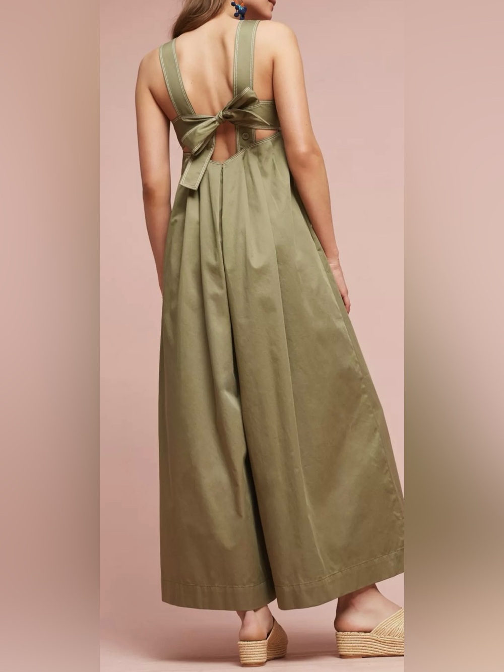 HD in Paris by Anthropologie Cotton Olive Green Wide-Leg Jumpsuit - Size 12 - Picture 2 of 7